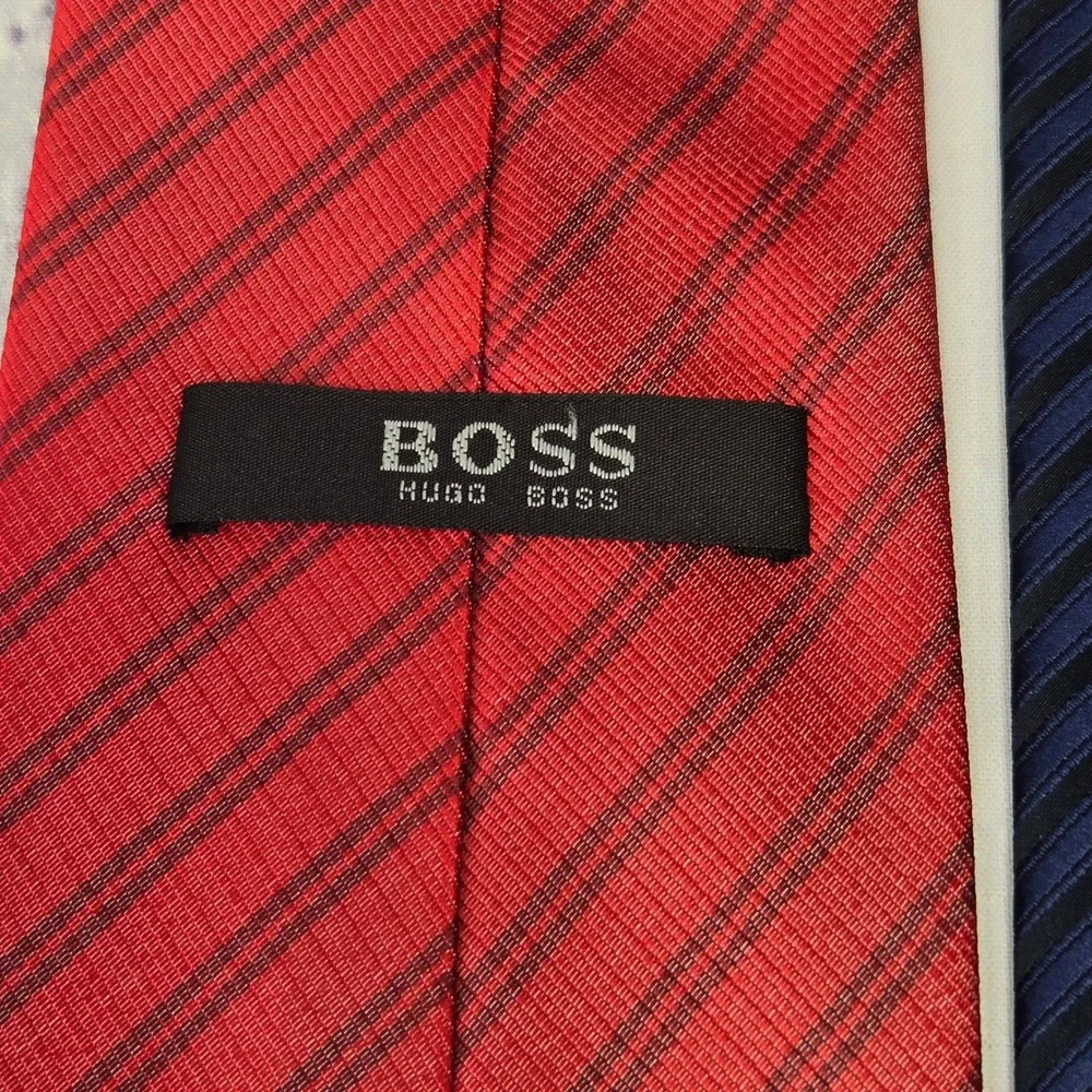 Lot of 2 Hugo Boss Neckties Red Navy Blue Striped Silk Business Formal Set Mens